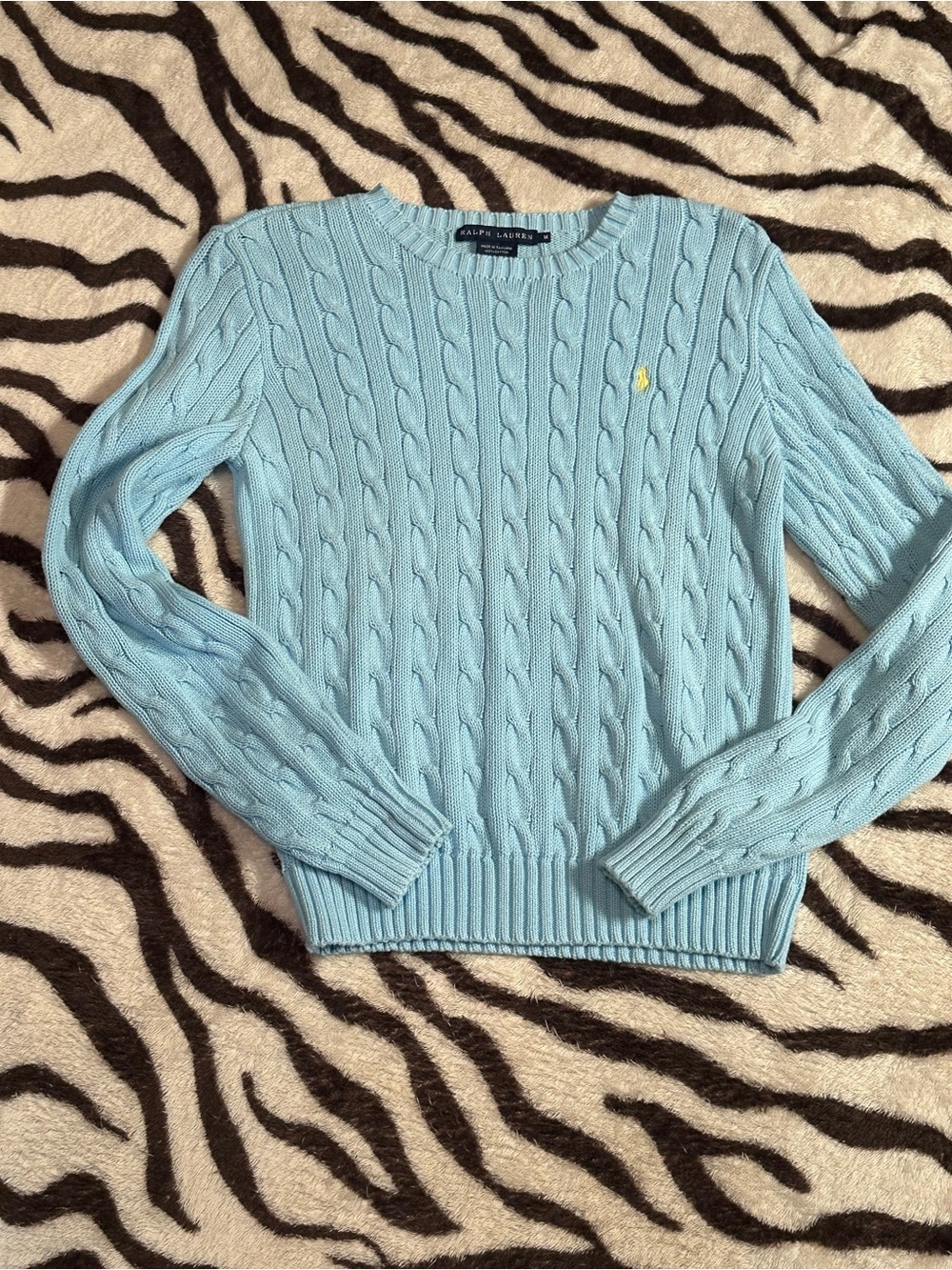 Ralph Lauren Light Blue Cable-Knit Crew Sweater with Yellow Pony